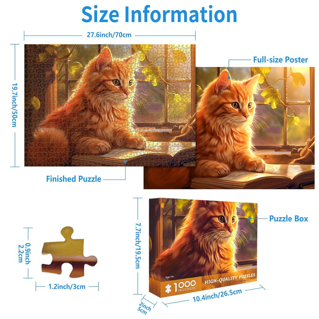 CHengQiSM 1000 Piece Jigsaw Puzzle Cat Reading a Book by the Window Puzzle 1000 Piece Cat Cute Painting Stylish Interior Present (70x50cm)