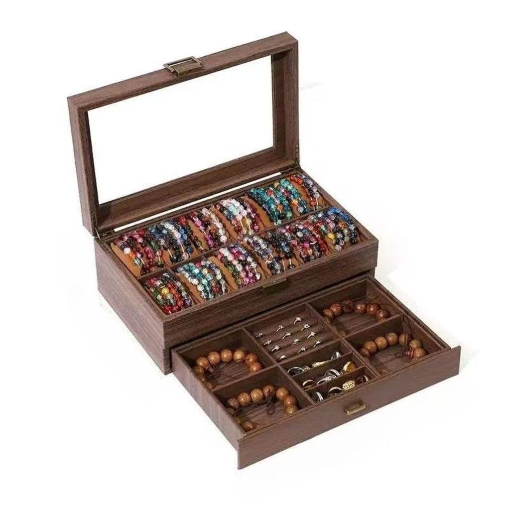 PU Leather & Wooden Watch Storage Box with Clear Glass Window, Multi-Layer Accessory Storage Case with Mirror, Gift-Ready