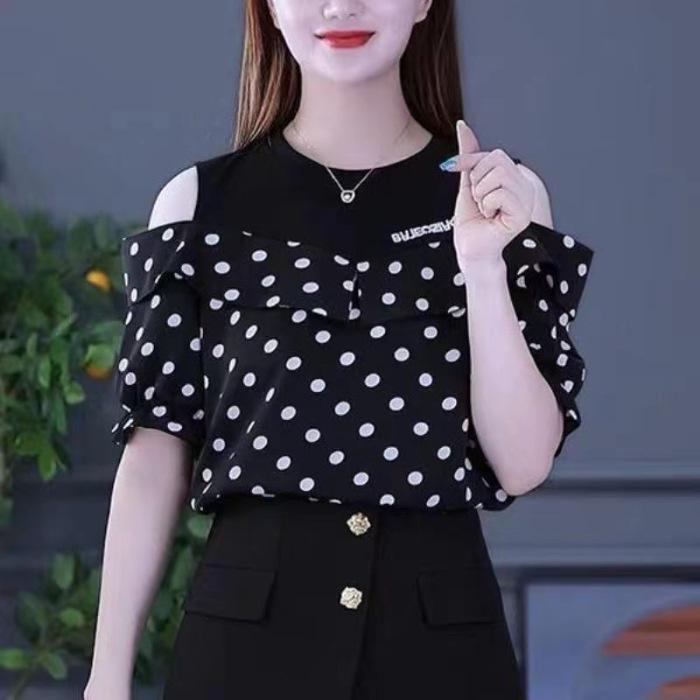 

Жіноча футболка з відкритими плечима та короткими рукавами: Літня мода 2024, Вільний крій, Молодіжний, Дизайн імітації двох предметів. 2XL