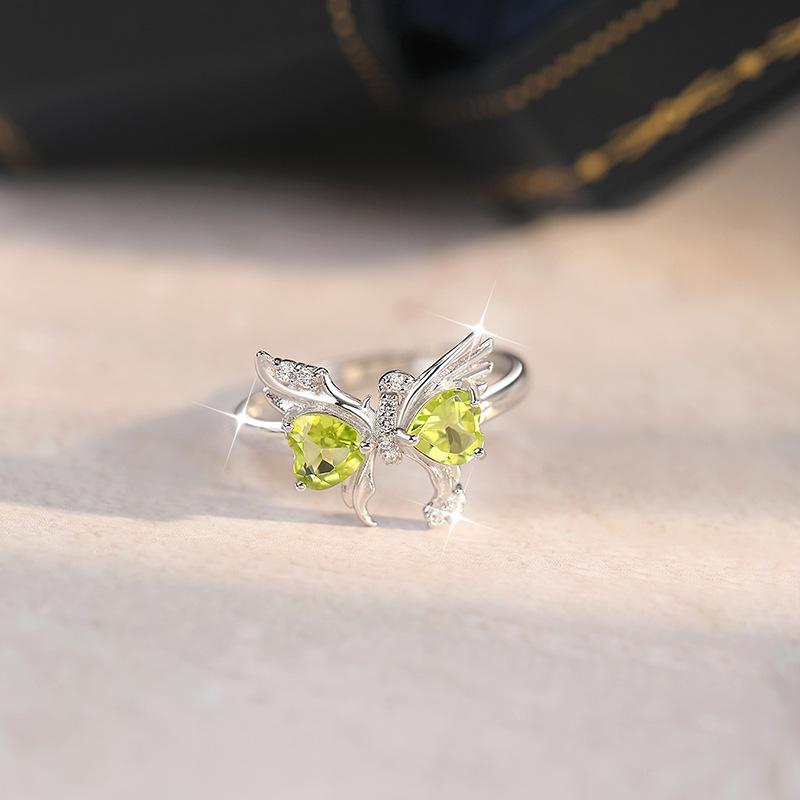 Light Luxury Natural Peridot Butterfly Ring Women's S925 Sterling Silver Niche ins Wind Court Wind Adjustable Living Ring