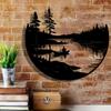 Bohemian Golden Round Iron Wall Art Rustic Lake Figure Metal Decor for Home Courtyard Living Room Balcony