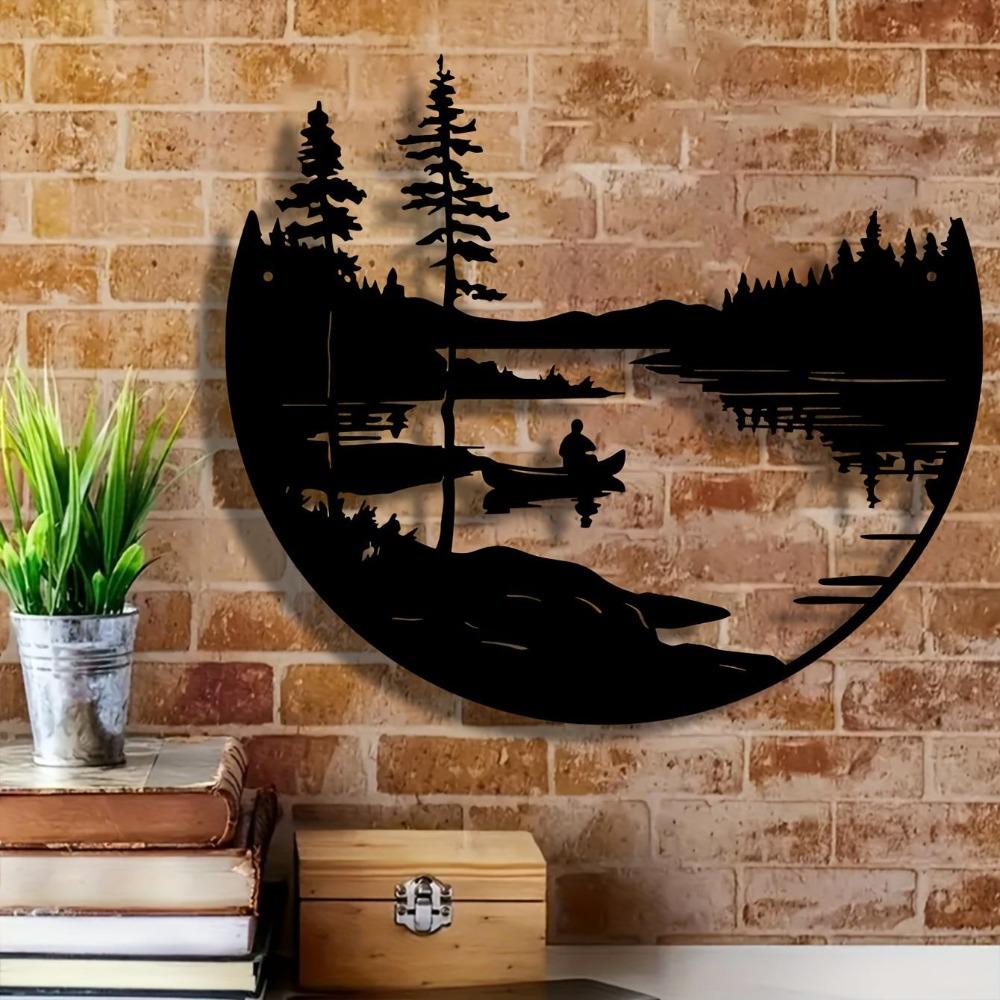 Bohemian Golden Round Iron Wall Art Rustic Lake Figure Metal Decor for Home Courtyard Living Room Balcony