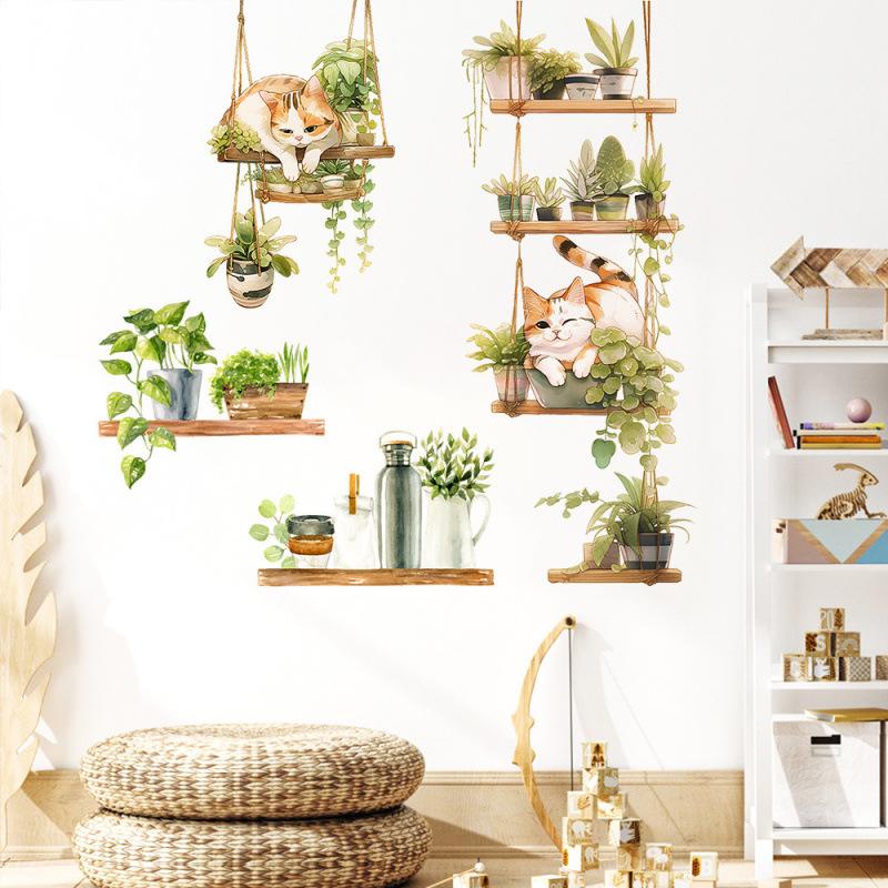 Cat Green Plant Pot Home Background Wall Decoration Wall Stickers Self-Adhesive