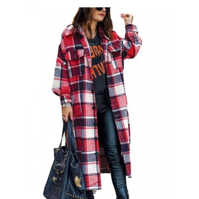 European Women s Plaid Wool Windbreaker: Long Sleeve, Side Slit, Loose Fit Lapel Jacket Extra Large