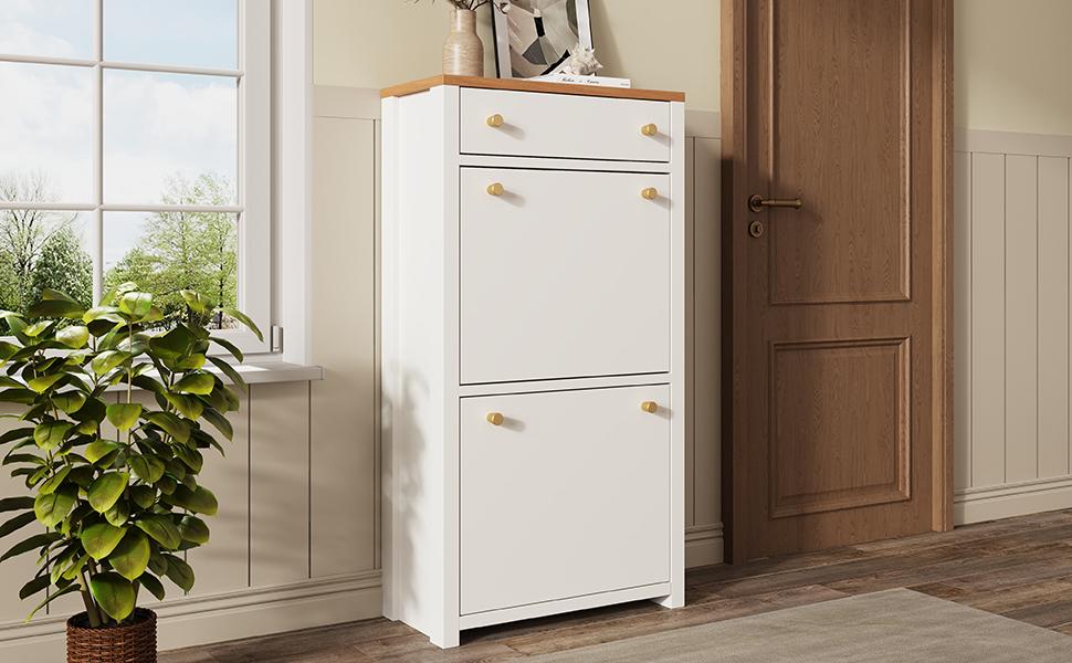 Modern Shoe Cabinet with Drawer, 2 Flaps, Adjustable Shelves and Metal Handles, White/Wood Look, for Hallway & Entryway, 50 x 24 x 95 cm