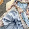 French Romantic Style Blue Floral Spaghetti-Strap Long Dress for Women Summer Korean-Style Tiered Slimming VacationBeach Dress
