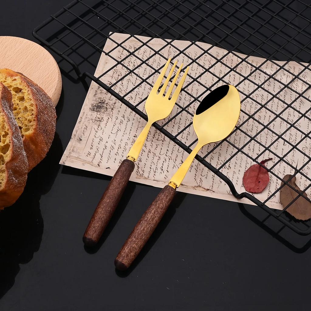 6People Stainless Steel Dinner Gold Imitation Wooden Handle Dinnerware Knife Coffee Spoon Fork Cutlery Set Tableware Silverware