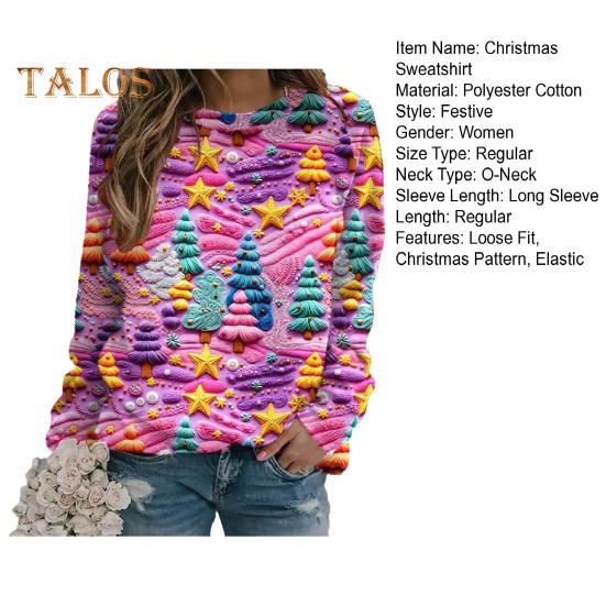 Julegenser Dame 3D Juletre Hus Trykk Rund Hals Langermet Topper Lett Ferie Genser Topper