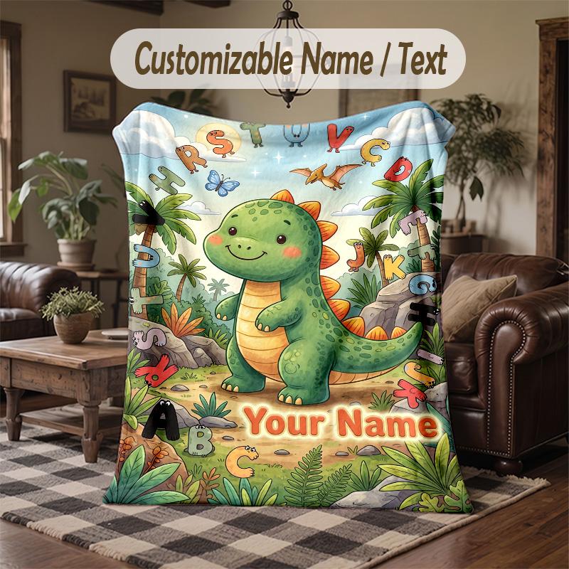 Dinosaur Alphabet Adventure Theme Throw Blanket Custom Name Text Personalized Blanket Soft Cozy Blanket for Home Sofa Bed