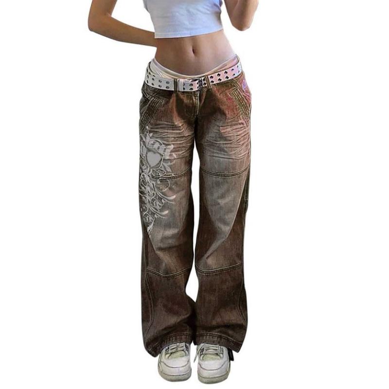 VIONA Street Style Damenbekleidung, Unregelmäßig Bedruckte Lockere Hosen, Niedrig geschnittene Plissierte Gewaschene Used-Look Mehrfarbige Jeans