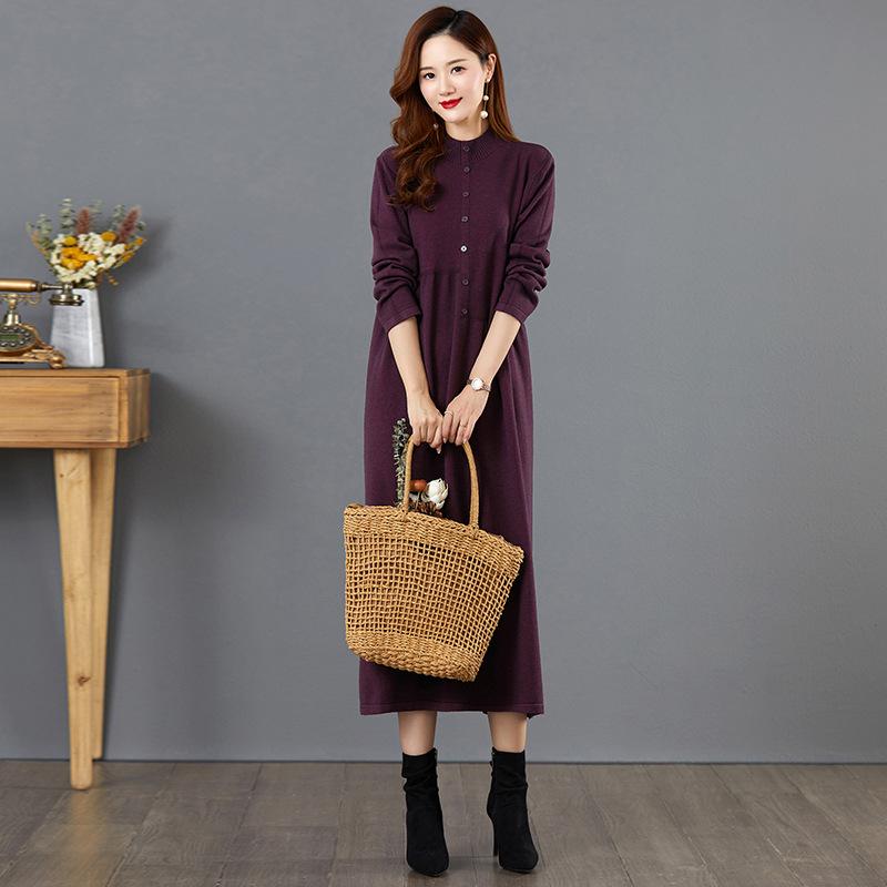 

Autumn base dress women s autumn and winter with coat long lazy wind knitted sweater solid color large size sweater skirt average size 110-85 kg