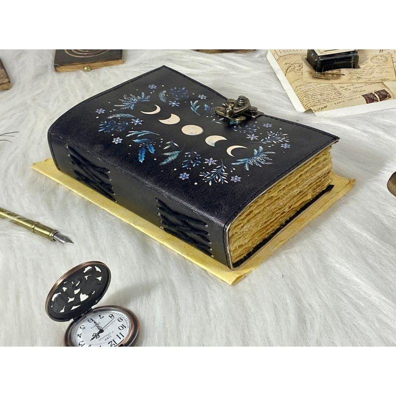 Moon Phases Vintage Leather Journal for Men & Women  of Antique Handmade Deckle Edge Vintage Paper