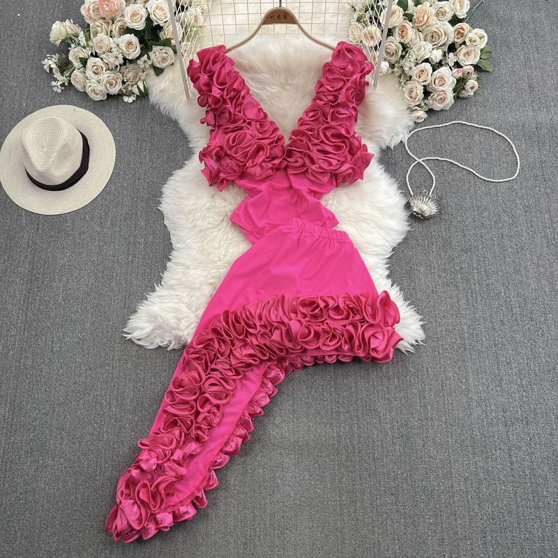 

Ruffles Dress Jumpsuit Female Noble Elegance Socialite Elegant Bandeau Slim-Fit Slim Looking Asymmetrical Skirt Outfit Rose Red One size