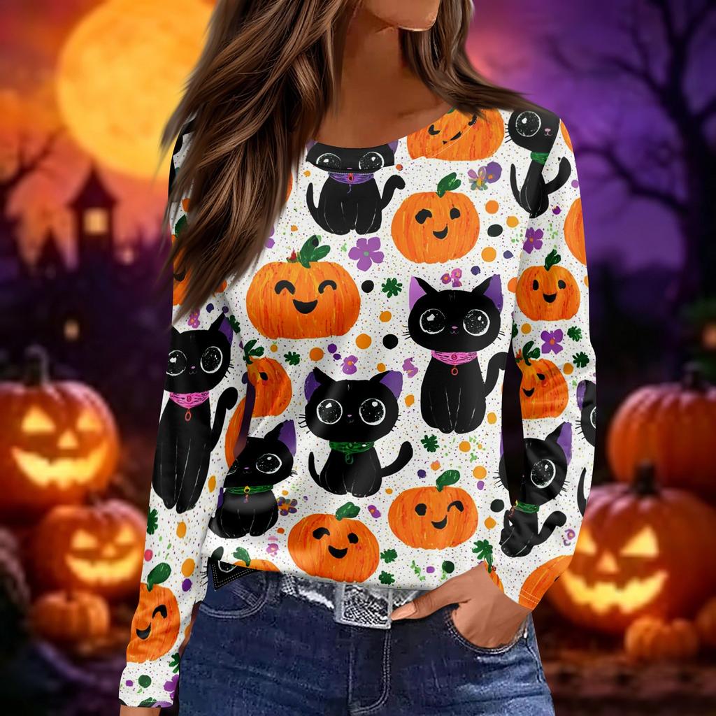 Women Long Sleeve Crew Neck Top Halloween Print Split Hem Casual Loose Fit Pullover Shirt for Fall Seasonal Wear