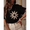 Women's 3D Embroidered Short Sleeve Crew Neck T-Shirt - Lightweight Soft Breathable, Slim Fit Casual Summer Top for European American Crossbody