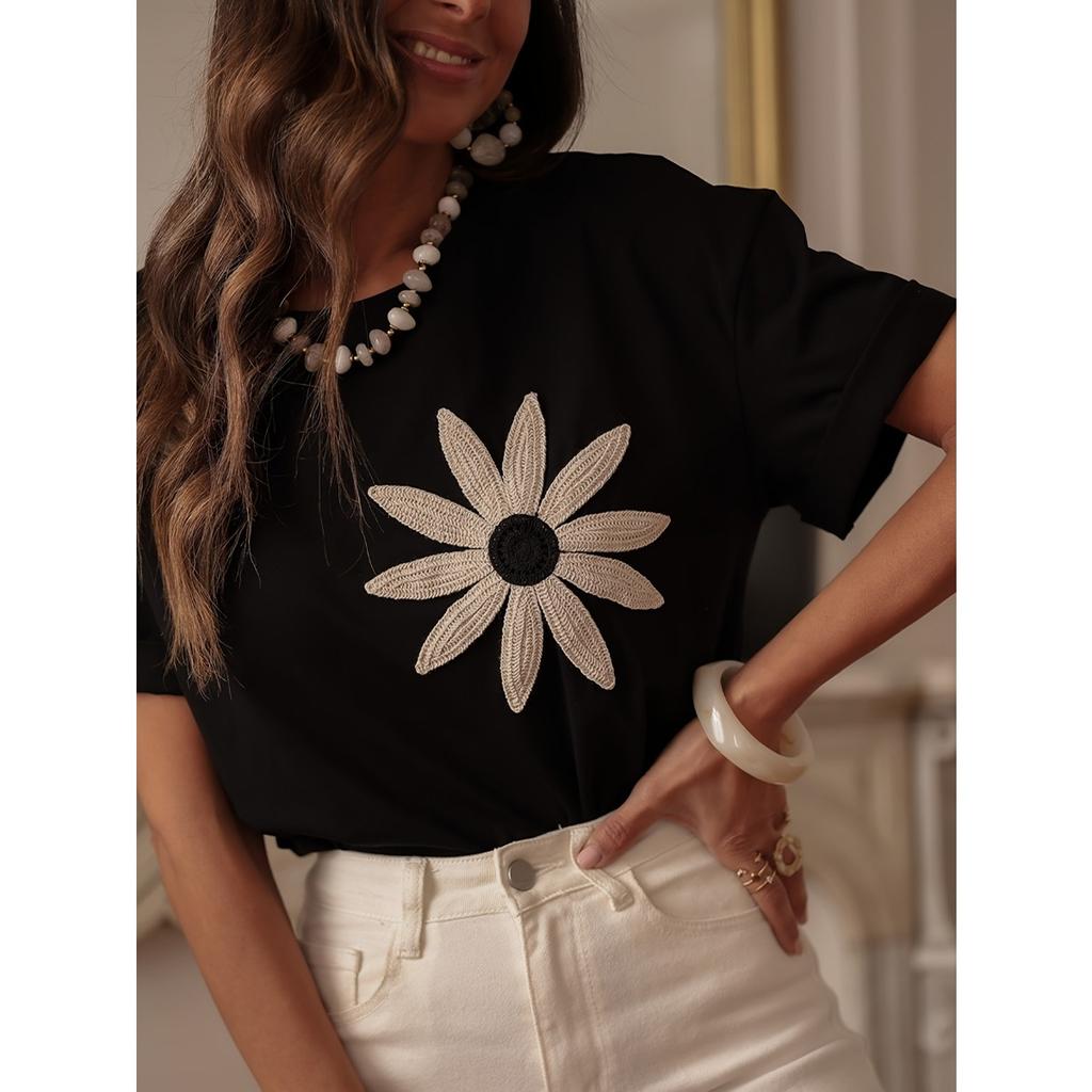 Women's 3D Embroidered Short Sleeve Crew Neck T-Shirt - Lightweight Soft Breathable, Slim Fit Casual Summer Top for European American Crossbody