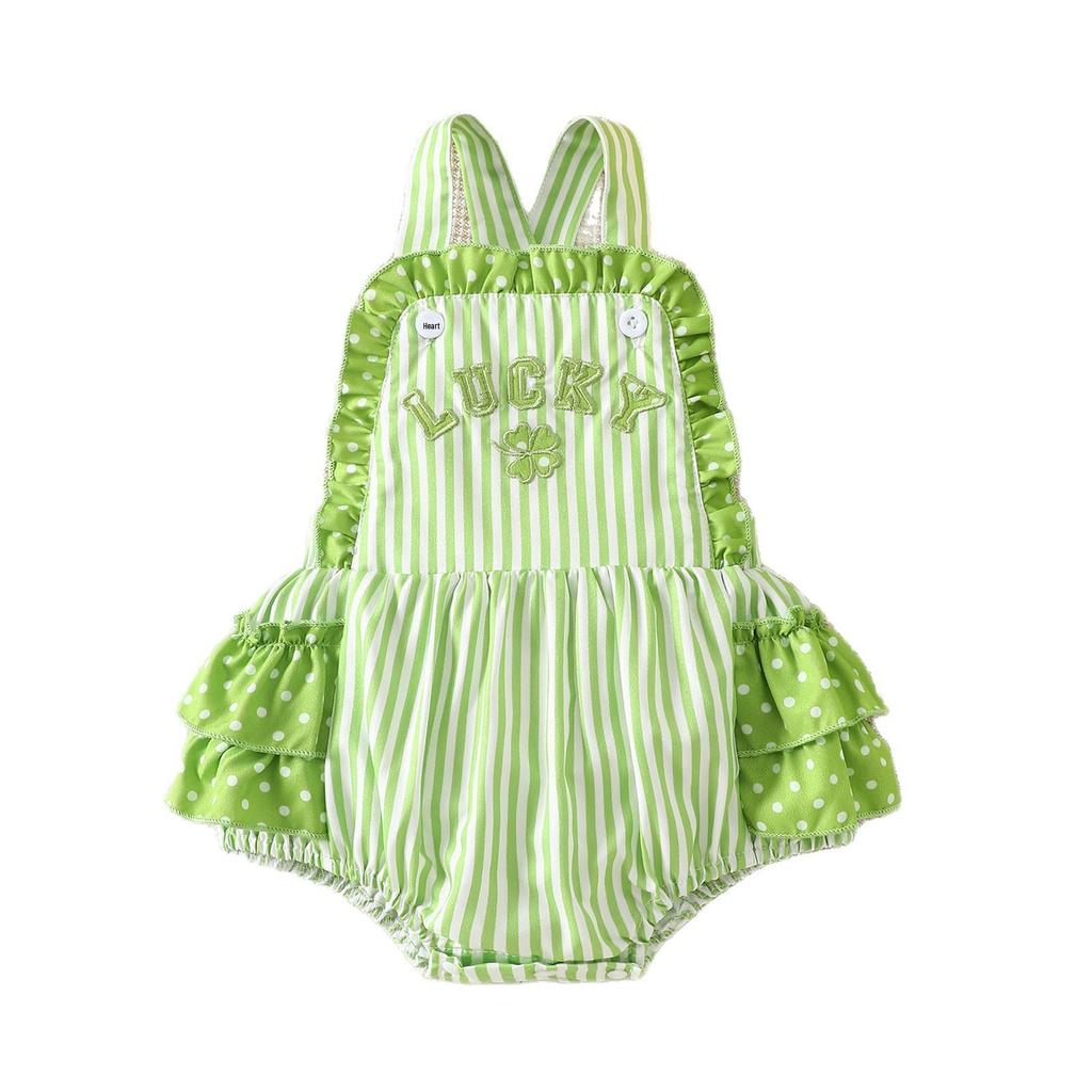 2025 Summer Infant & Toddler Lace Suspender Romper with Clover Embroidery