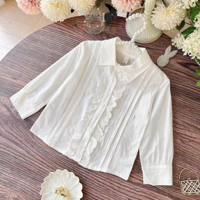 Girls' White Long Sleeve Lace Shirt - Spring/Autumn Class Uniform, Performance Costume.
