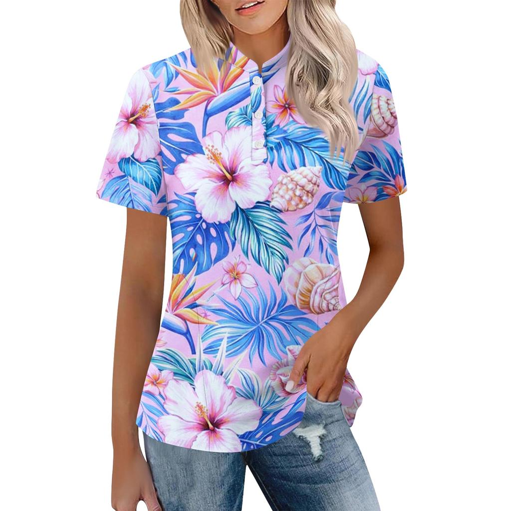 Women’s Casual Polo Neck Loose Fit Short Sleeve Top with Abstract Print and Button for Everyday Wear