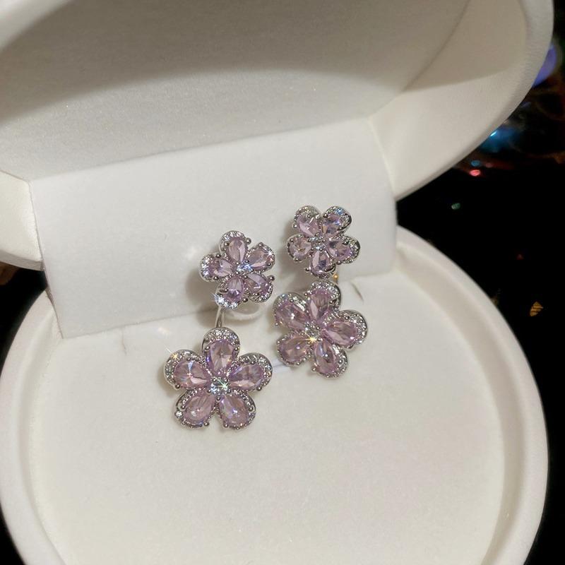 Korean Fashion Pink Color CZ Cubic Zirconia Flower U Shape Dangle Earrings for Women Silver Plated Copper Holiday Jewelry