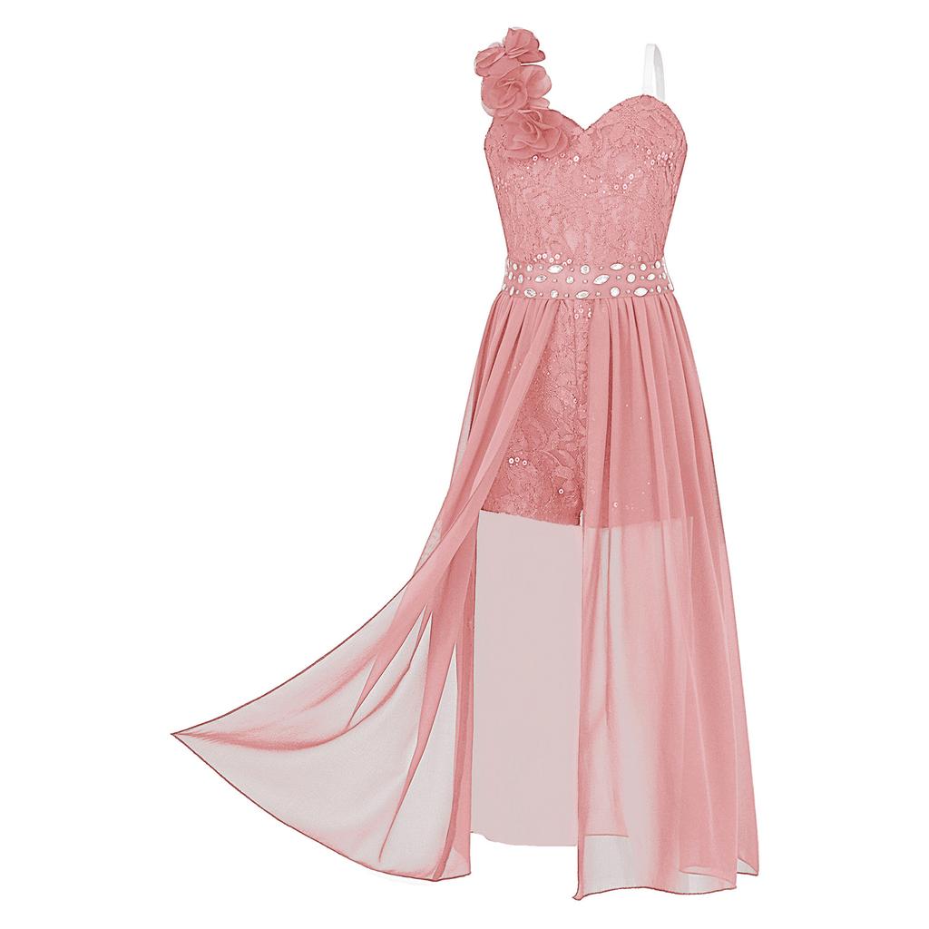 Vestito da Festa con Applicazione Brillante di Perline per Ragazze Tuta con Pizzo e Paillettes Romper con Sovrapposizione in Chiffon Vestito per Compleanno e Ballo di Fine Anno
