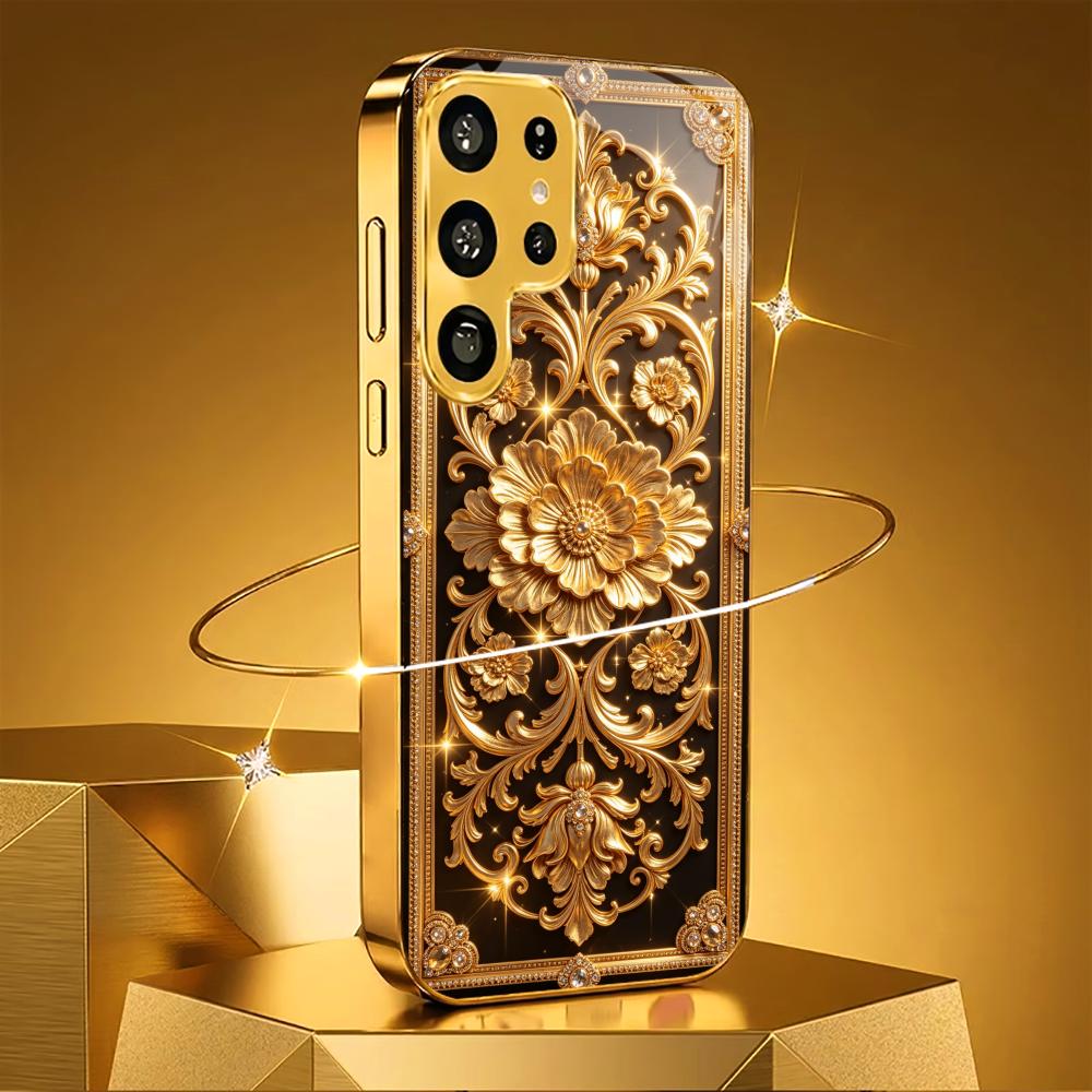 Golden vintage flowers phone case glass s26 ultra case s25 ultra case for Samsung Galaxy S26 S25 S24 S23 S22 FE Ultra Plus