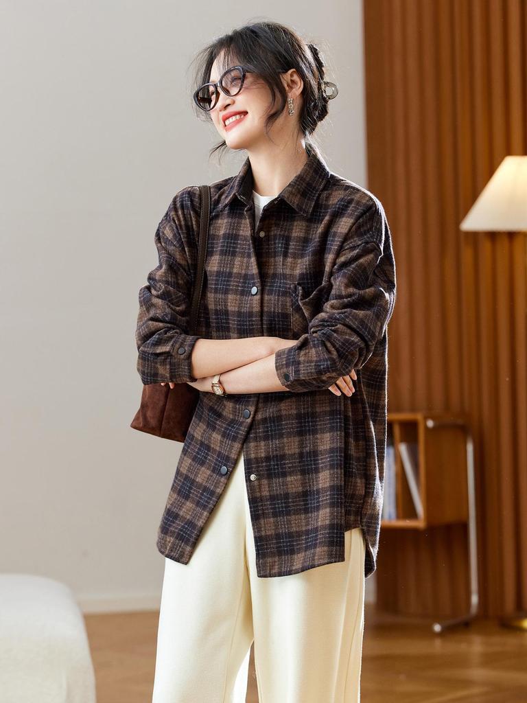 Women's Brushed Plaid Long Sleeve Shirt - Thickened & Warm, 2025 Autumn/Winter Collection