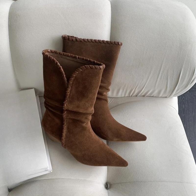 Autumn New Pointed Toe Suede Sleeve Anti-slip Wear-resistant Single Shoes Shaped Heel Mid-leg Boots
