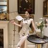New Chinese style national style waist and thin *** stand neck split fork high-end elegant cheongsam slim long hip wrap dress