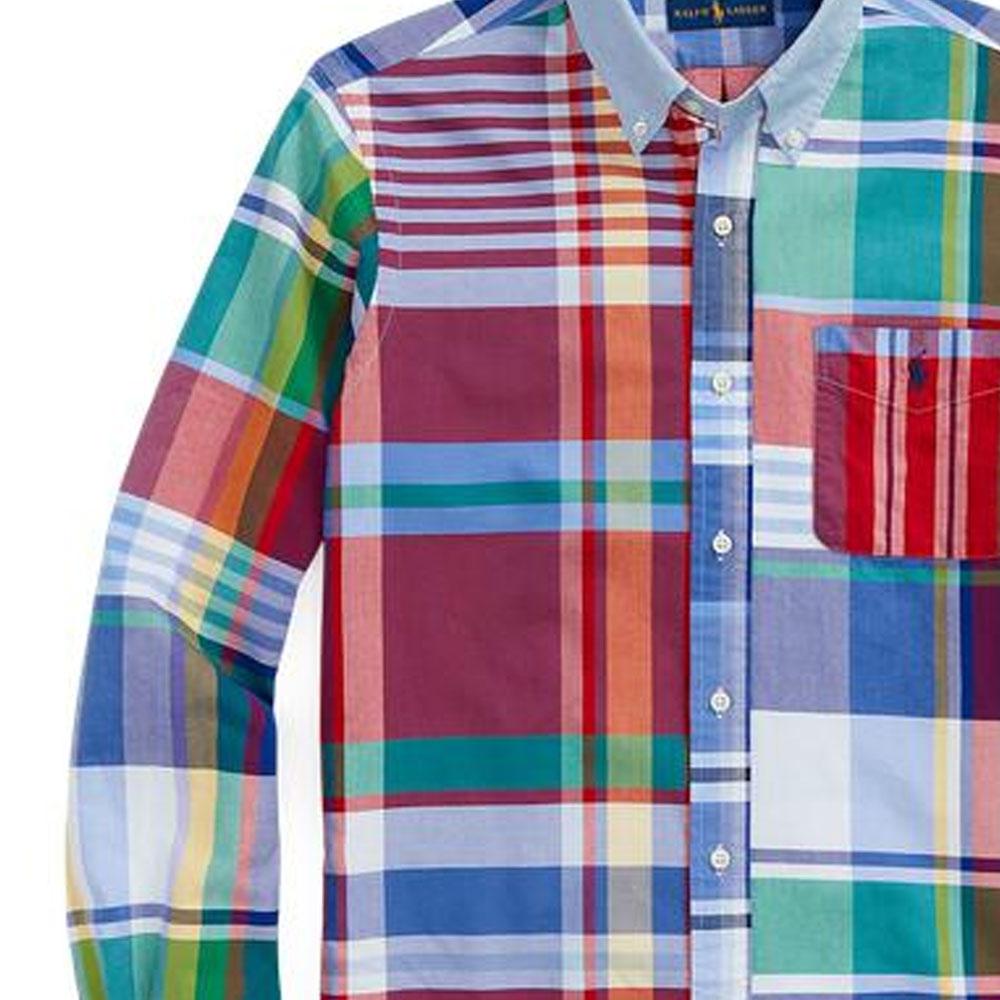 Polo Ralph Lauren SS22 Oxford Cloth Color Block Striped Plaid Shirt Men shirts Red MNPOWOV16821-961