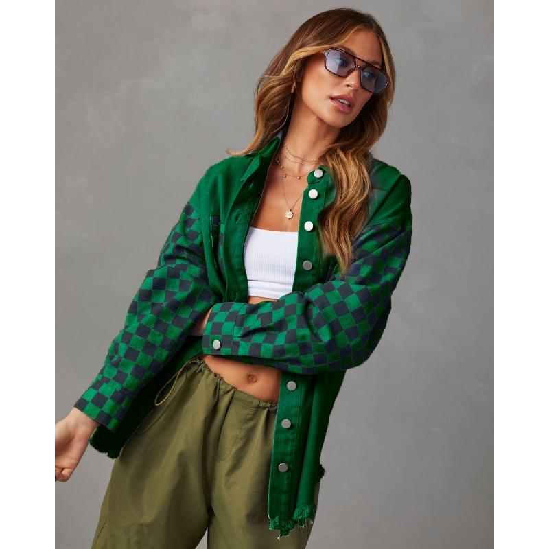 Veste en jean délavé à carreaux et blocs de couleurs décontractée ample pour femme