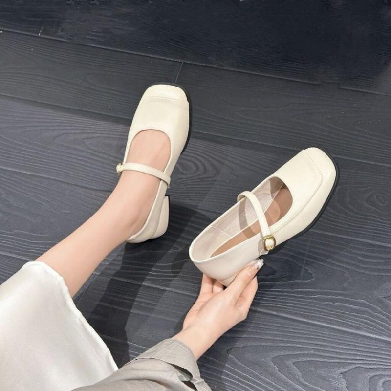 Solid color square head thick heel single shoes elegant style low heel one-word buckle foreign trade 2025 retro Mary Jane women's shoes