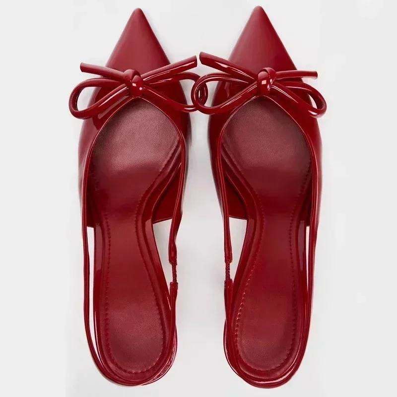 Fashion Luxury Designer Red Bow High Heels Women Summer Sexy Pointed Toe Patent Leather Women Pumps Elegant Slingback Heeled Sandals