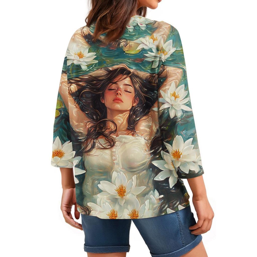 Women's Tops Three-quarter Sleeve Shirt V-neck Loose Casual Shirt Character Printed T-shirt