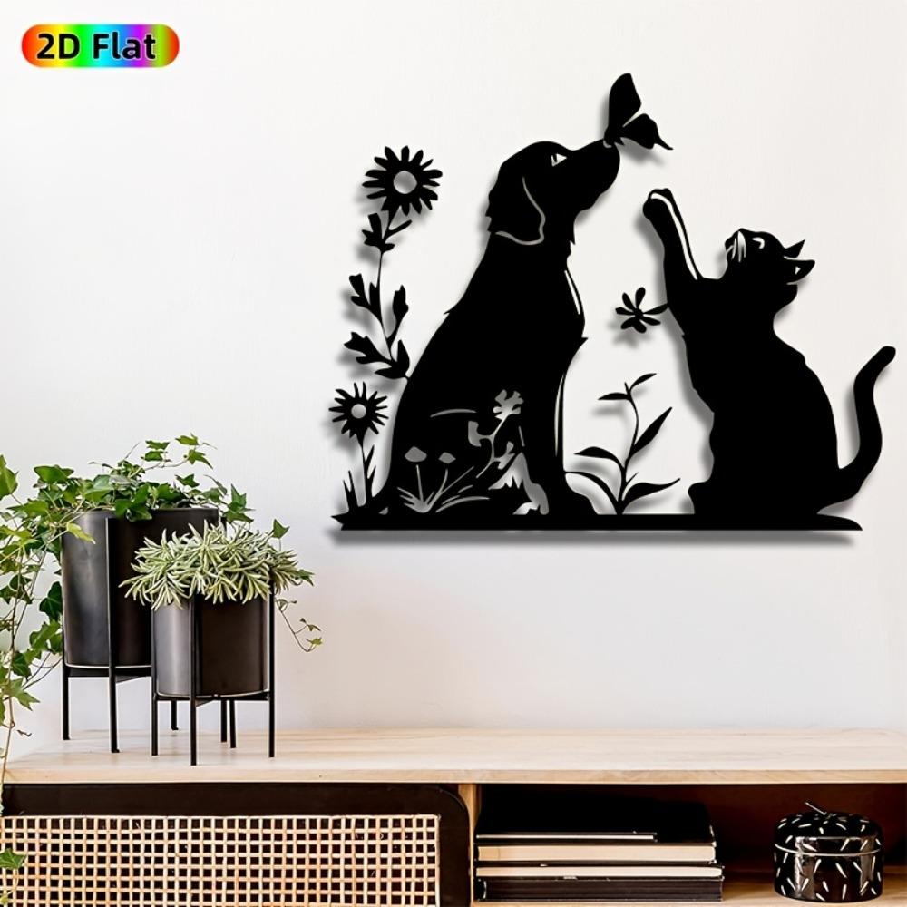Dog Cat Metal Wall Art, Weatherproof Iron Pet Sculpture, Playful Mural for Home Wall Garden Fence Decor, Gift for Pet Owner, 1 pc