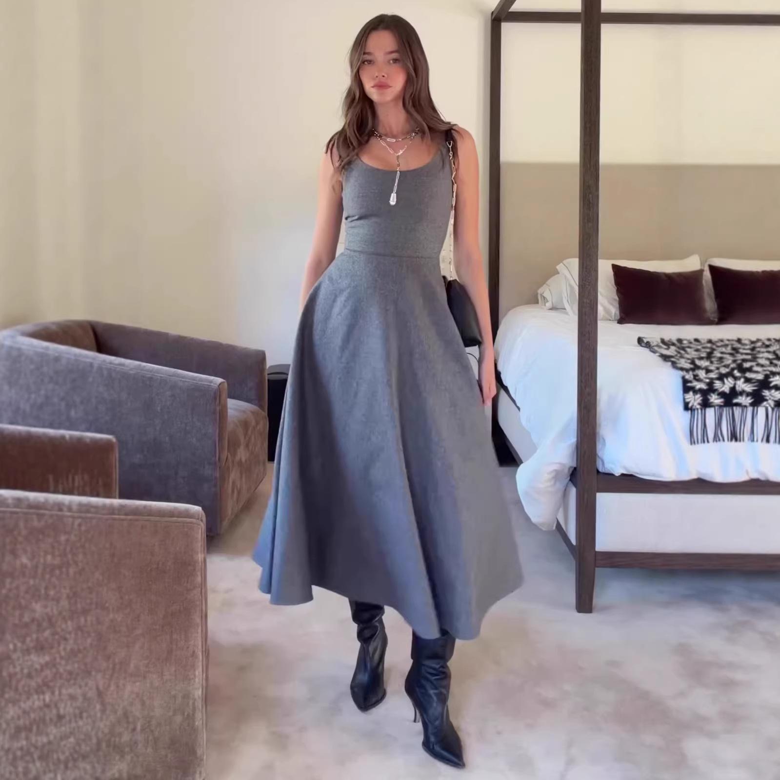 Elegant Solid Color Sleeveless Long Dress with Round Neck for Women - 2026 XXL серый