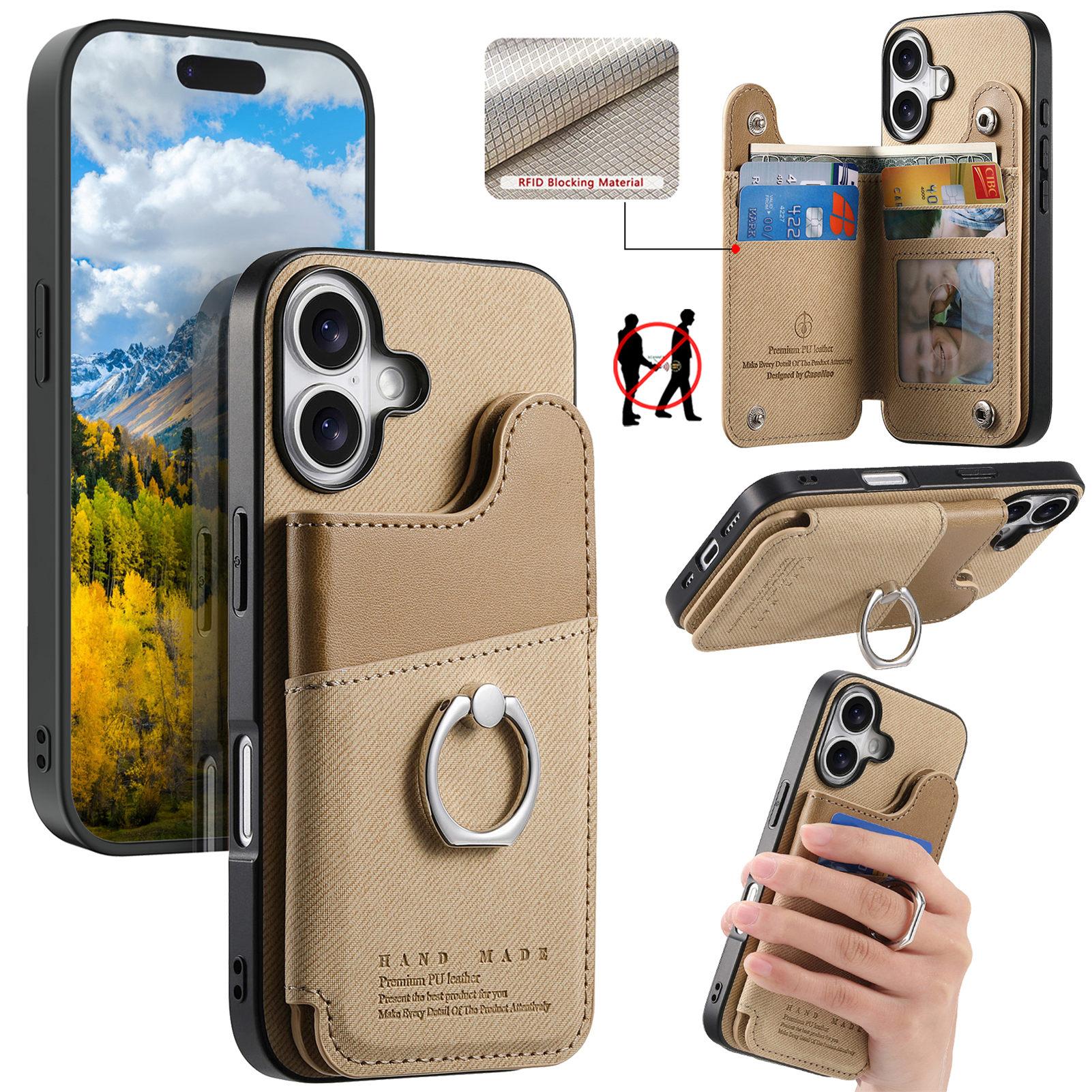 

For iPhone 16 Case with Card Holder Kickstand Leather+TPU+PC Phone Cover Khaki