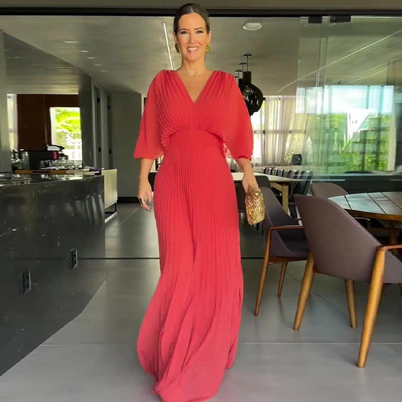 Women's Solid V Neck Batwing Half Sleeve Pleated Maxi Dress High Waist Formal Evening Gown XS-3XL