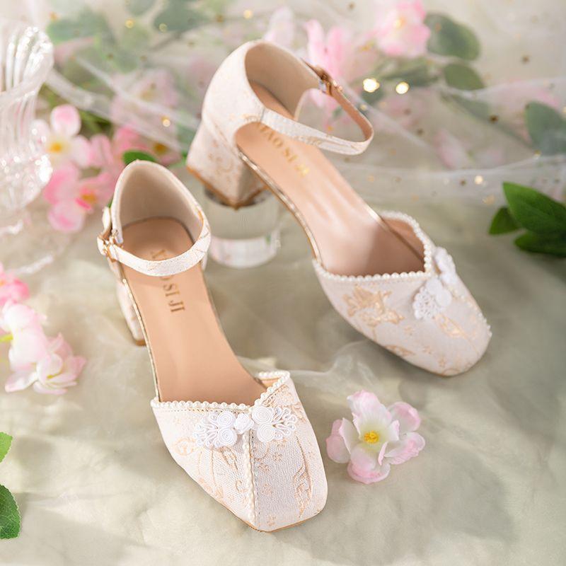 Mary Jane Shoes Women'S Summer Square Head Thick Heel Retro Daily Versatile Disc Buckle High Heel Sandals Cheongsam Shoes