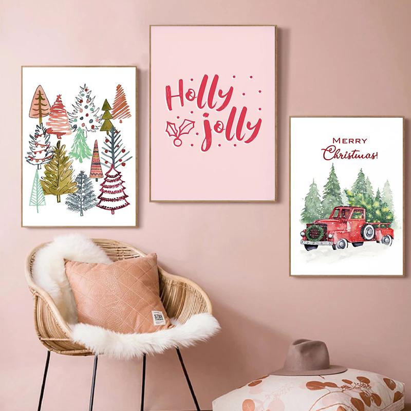 Cartoon Christmas Holiday Tree Sock Snowman Car Dog Wall Art Canvas Painting Posters And Prints Wall Pictures Kids Room Decor
