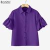 ZANZEA Women Summer Turn Down Collar Puff Short Sleeve Blouse
