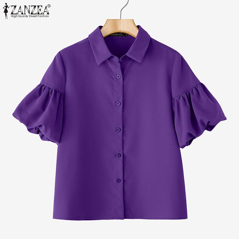 ZANZEA Women Summer Turn Down Collar Puff Short Sleeve Blouse