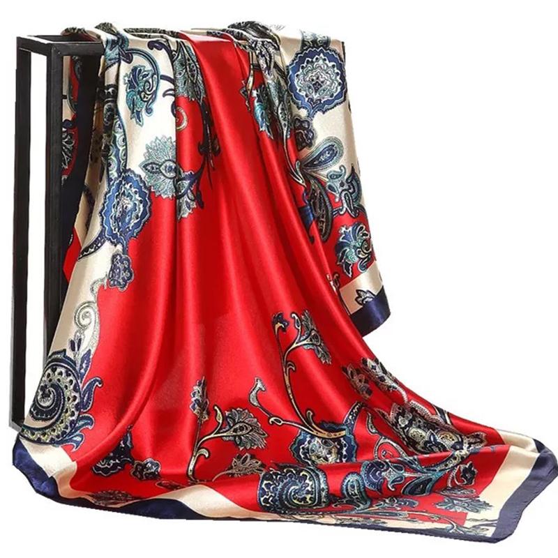 Fashion Scarves For Women Print Silk Satin Head Scarf Female 90cmx90cm Luxury Brand Square Shawl Large Hijab Scarfs For Ladies