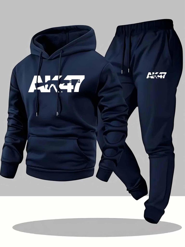 Men's AK Letter Print Casual Two-Piece Hoodie and Sweatpants Set