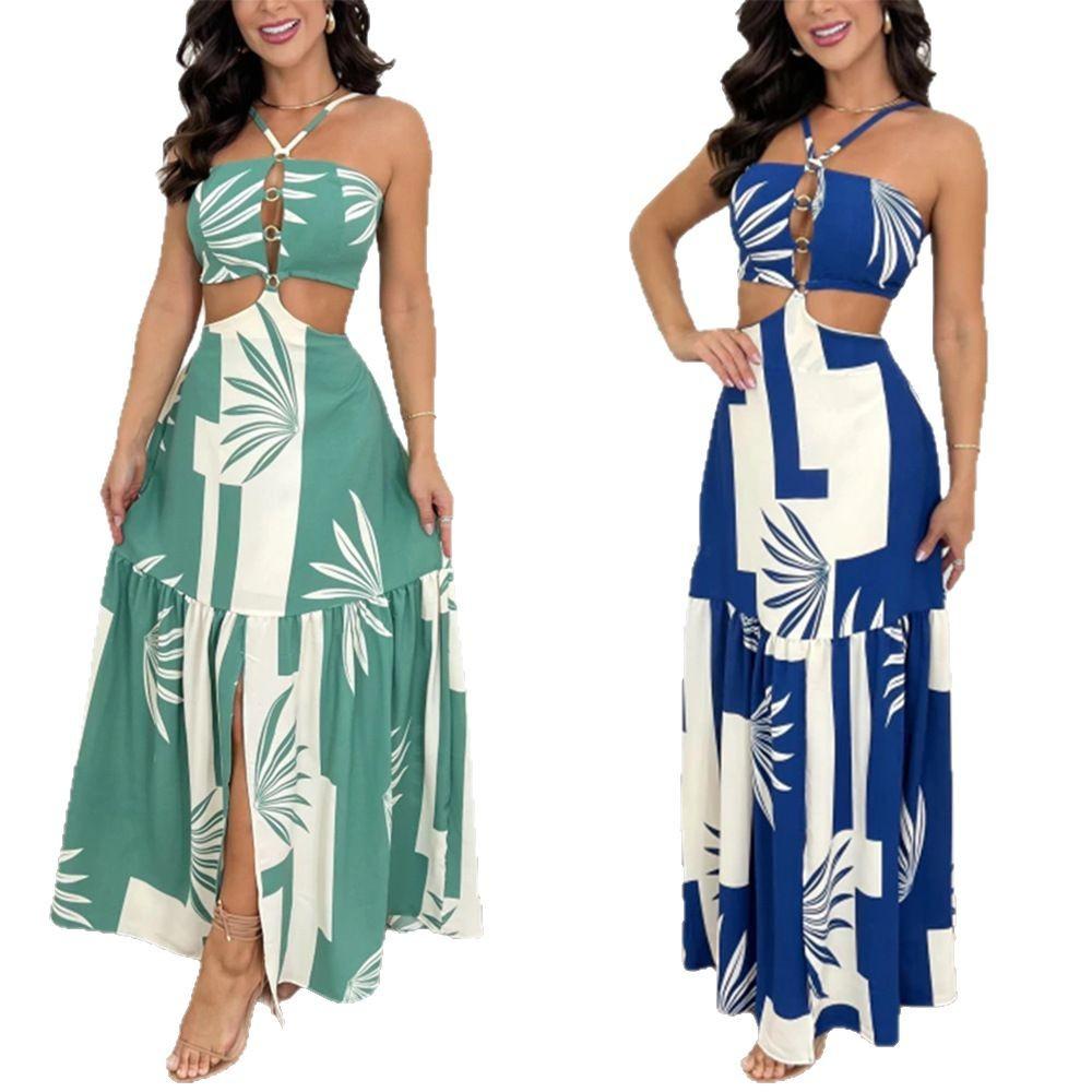 European and American sexy women's new halter strapless casual geometric pattern hollow-out dress