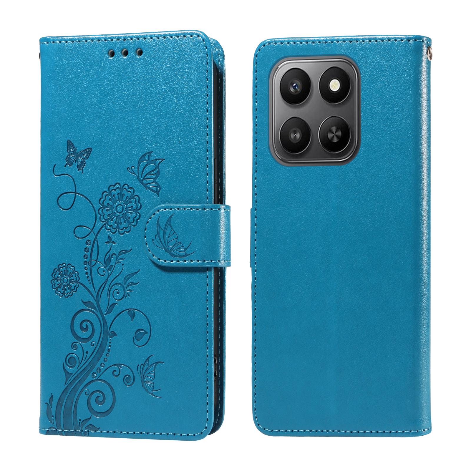 

For Honor 400 Smart Leather Case Butterfly Floral Imprint Wallet Stand Cover Blue