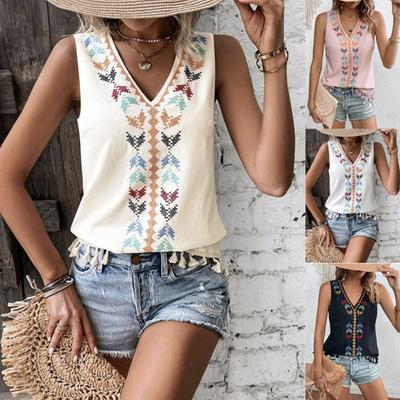2024 European and American Amazon Cross-border Women's Summer Ethnic Style V-neck Embroidered Splicing Hem Bearded Vest Top