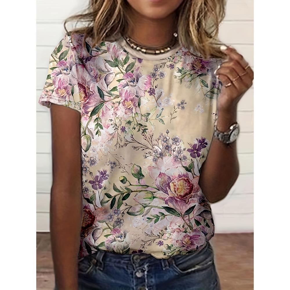 Women's Fashion Oil Floral Pattern Fashion Short Sleeve Round Neck Top Casual
