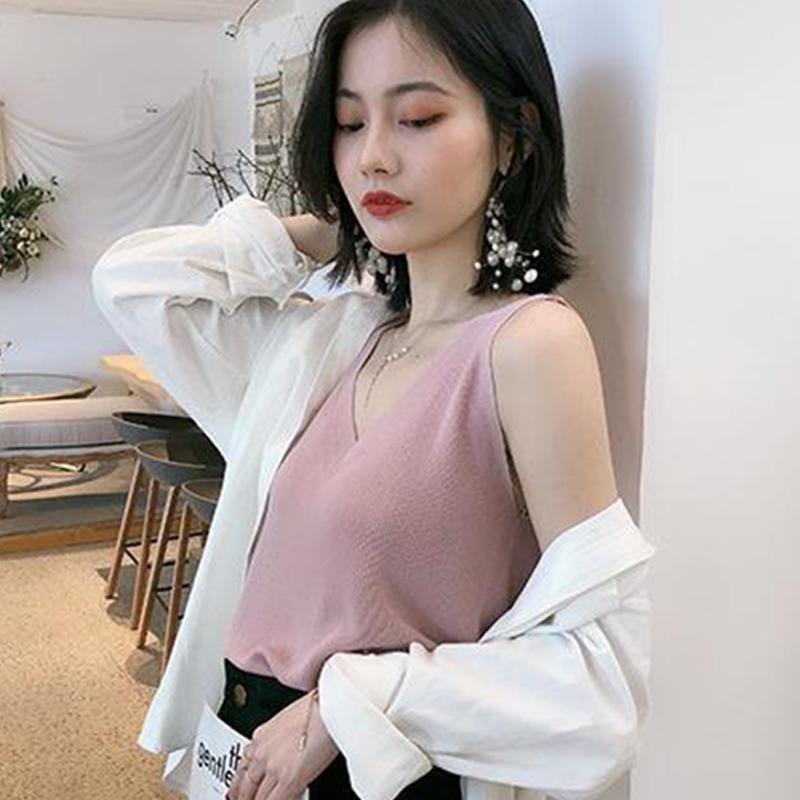 Women'S Fashion V-Neck Knitted Vest Summer Solid Color Sleeveless Casual Tank Top