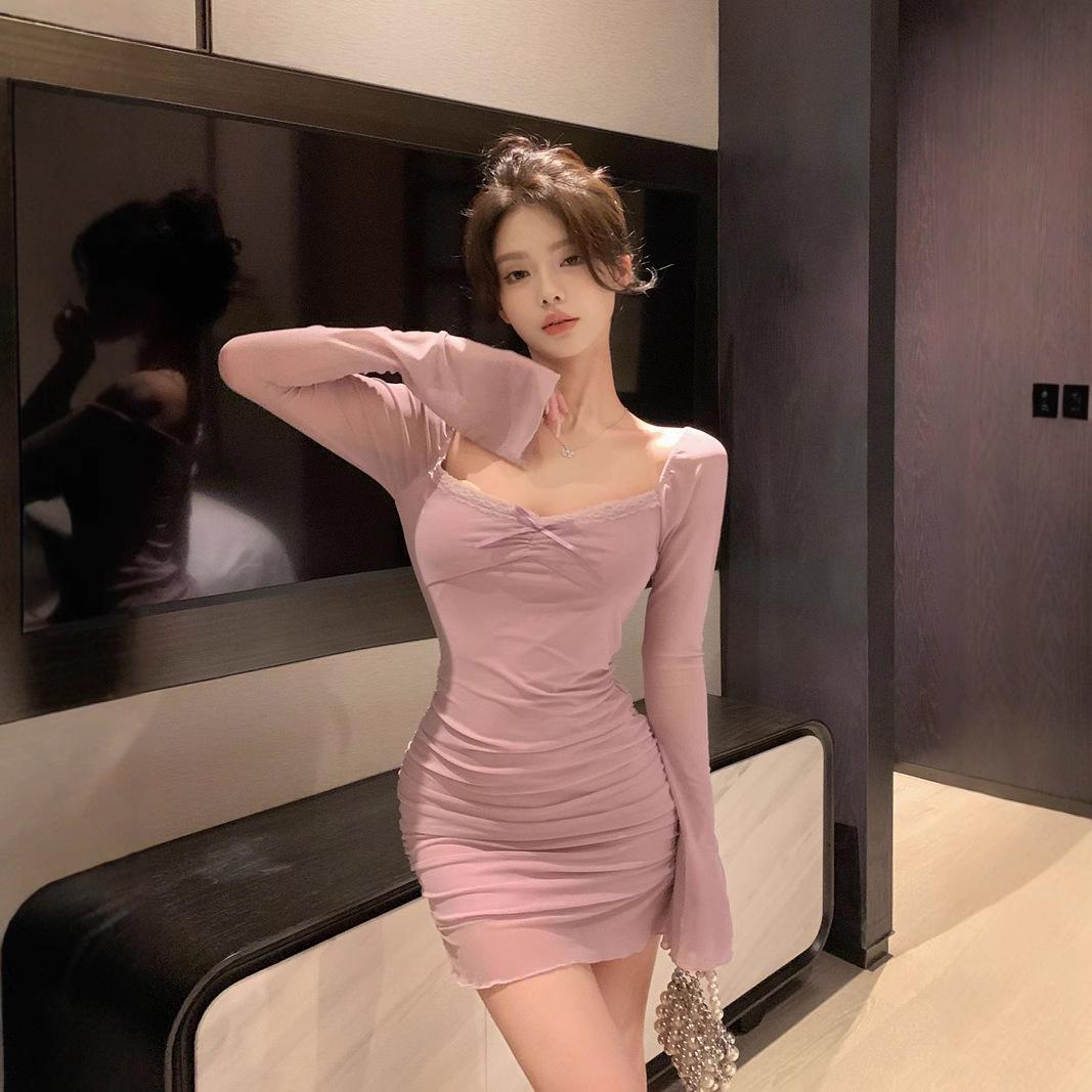 

Women s Autumn/Winter Mesh Patchwork Waist-Hugging Ruched Mini Dress Extra Large